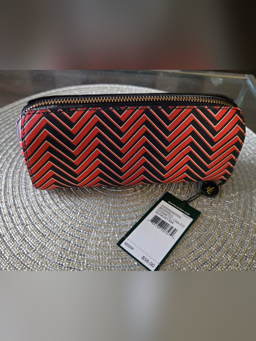 Lauren Ralph Lauren Boswell Cosmetic Case Sunkist Orange Navy Chevron Pouch NWT